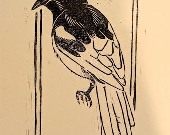 Schwarzschnabelelster - handgeschnitzter Linoldruck (Corvid Collection)