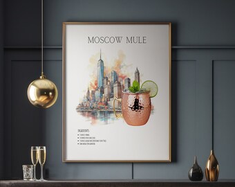 Moscow Mule Art Print | Bar Cart Decor Cocktail Poster | Party Signature Drink Sign | Trendy Wall | Minimalist Elegant Sophisticated Retro