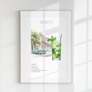 Mojito Art Print | Cocktail Art Poster | Cocktail Mixology Gift for Her | Alcohol Sign Bar | Watercolor Retro Drink Poster | Bar Cart Decor
