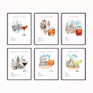 6 Classic Cocktail Retro Posters, Alcohol Prints, Minimalist Wall Art, Monuments & Cities, PRINTABLE Gallery Wall Set, Bar Cart Prints