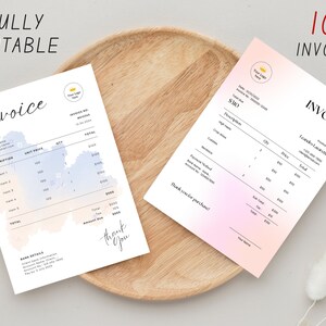 May include: Two invoice templates with a watercolor background. The first invoice is blue and pink with a handwritten "invoice" title. The second invoice is pink and orange with a black "INVOICE" title. Both invoices have a space for a logo, customer information, item descriptions, quantity, price, and total.