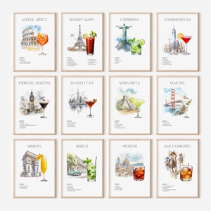 Decoración de pared del carrito de bar, arte del carrito de bar, descarga digital, receta de cóctel de póster, arte de pared de Alchool, paquete de póster de cóctel, receta de Aperol Spritz