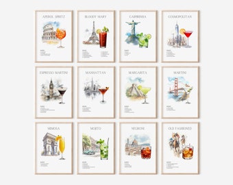 Bar Cart Wall Decor, Bar Cart Art, Digital Download, Poster Cocktail Recipe, Alchool Wall Art, Cocktail Poster Bundle, Aperol Spritz Recipe