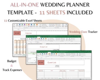 Puede incluir: Una plantilla de planificador de bodas digital con 11 hojas de Excel personalizables. La imagen muestra hojas de cálculo de calendario, presupuesto y lista de invitados. El texto "Planificador de bodas todo en uno - 11 hojas incluidas" está en la parte superior de la imagen.