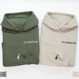 Custom Embroidered Roman Numeral Sweatshirt and Hoodie, Engagement Gift, Personalized Date & Initial on Sleeve, Couples Gift, Anniversary