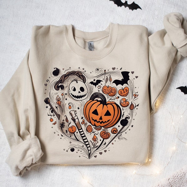 Halloween Doodles Hearth Shirt Cadeau voor Halloween Moms, Cute Halloween Tshirt, Halloween Sweatshirt, Pumpkin Sweatshirt, Halloween Witch Tee