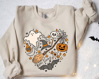 Halloween Doodles Hearth Shirt Geschenk für Halloween Mütter, süßes Halloween Tshirt, Halloween Sweatshirt, Kürbis Sweatshirt, Halloween Hexe Tee