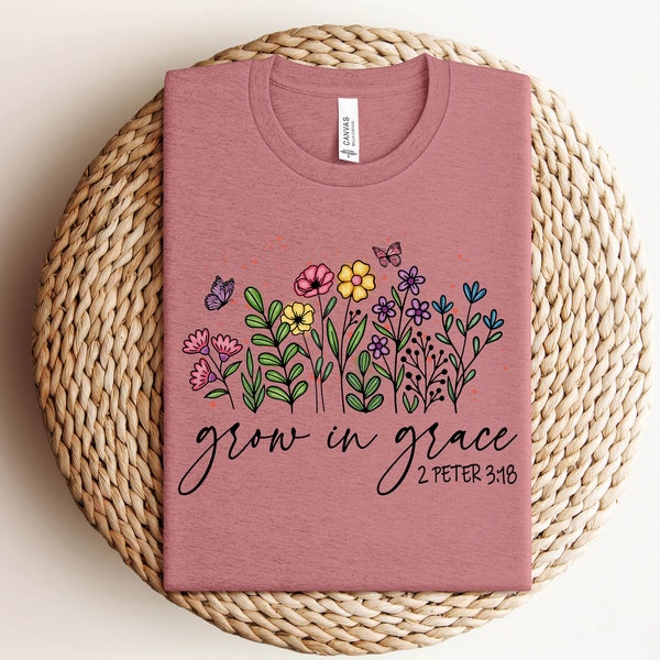 Christliches T-Shirt, wachsen in Gnade, wachsen in Gnade mit Wildblumen, christliches Hemd, religiöses Hemd, Bibel-Vers-Hemd