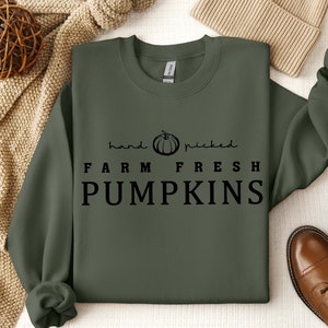 May include: A dark green sweatshirt with the text "hand picked FARM FRESH PUMPKINS" in black lettering and a small black pumpkin graphic.