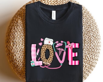 LOVE Stethoskop Herz Rose - Leopard Krankenschwester T Shirt - Krankenschwester Tshirt für Frauen - Love Nurse Shirt zum Abschluss - Nurse Week Geschenkidee