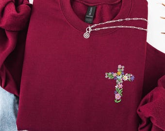 Wildflower Cross Embroidered Sweatshirt, Floral Christian Shirt, Faith and Flower Hoodie, Religious Gift for Her, Aesthetic Christian Tee