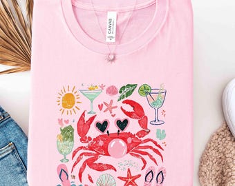 Camiseta divertida de cangrejo, camiseta con estampado de cangrejo soplando burbujas, camiseta con ambiente playero, camiseta de costa playera, camiseta para amantes del océano, linda camiseta de cangrejo para vacaciones