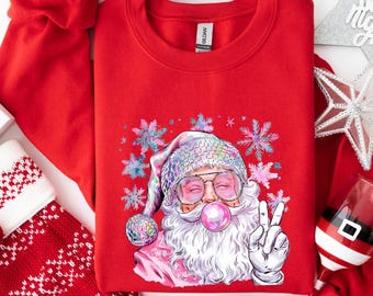 Pink Santa Claus Sweatshirt, Christmas Sweatshirt, Xmas Holiday Gifts, Retro Santa Hoodies, Winter Hoodie, Christmas Family Vacation