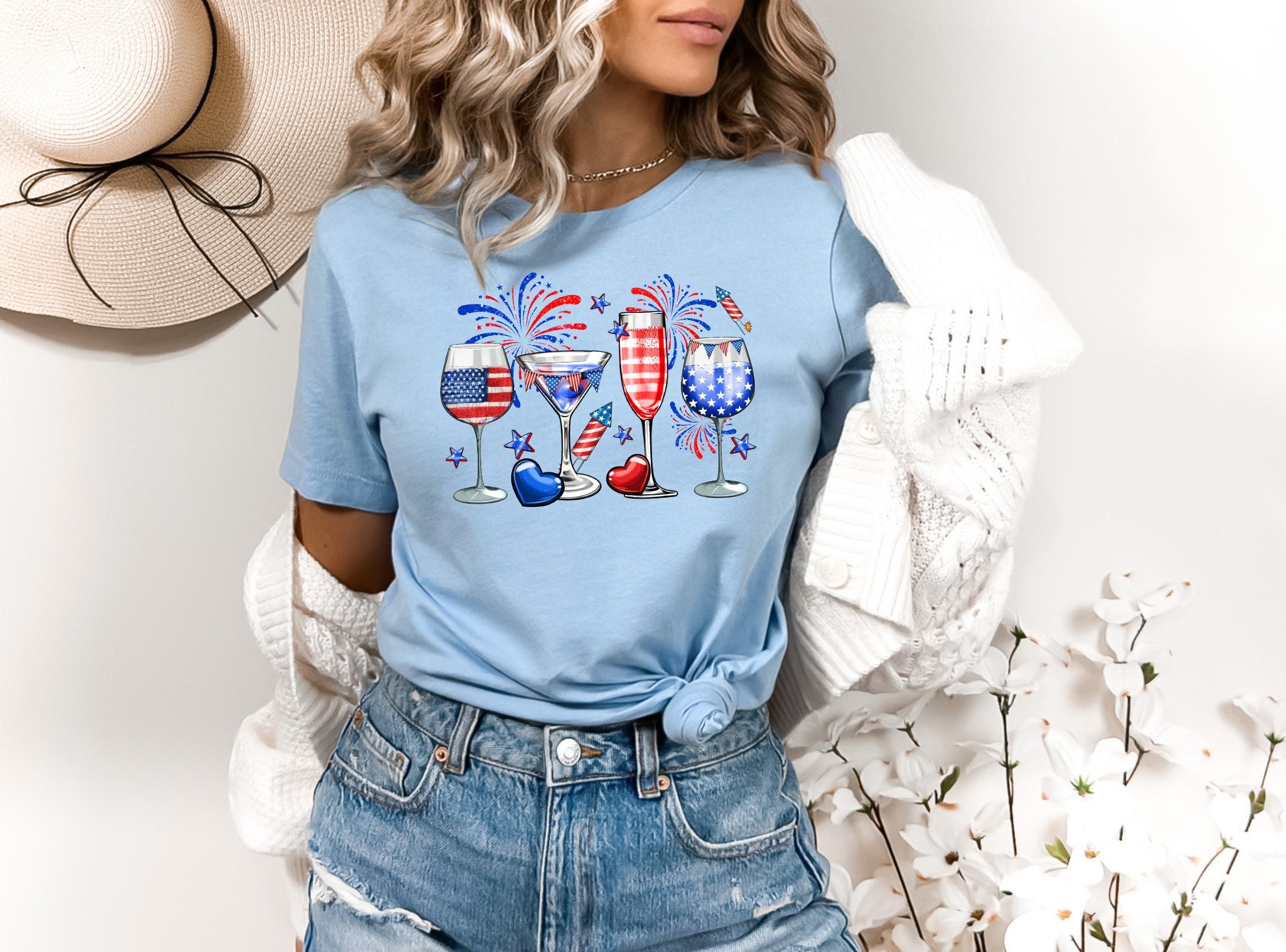4th of July wine glasses Shirt, 4th Of July Shirt, Fourth of July, Sunflower America Shirt, Memorial Day Shirt, Independence Day Shirt