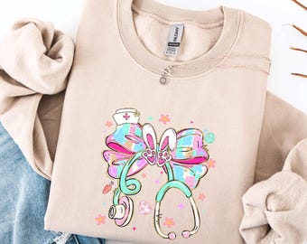 Easter Nurse Bow Sweatshirt, Easter Nurse Coquette Hoodie, Funny Easter Gift, Bunny Ears Sweater, Easter Gift for Nurse, Stethoscope