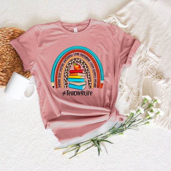 Teacher Shirt For Women - 'Teach' Rainbow Leopard Graphic Tee, Inspirational Gift T-Shirt (Pink, Small) - View #12