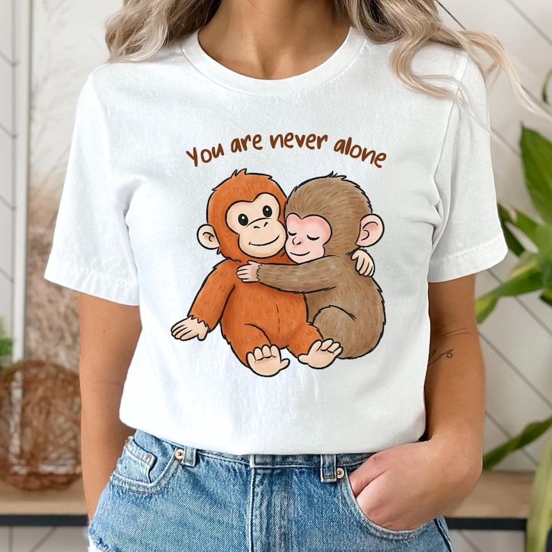 Puede incluir: Camiseta blanca con una ilustraci&oacute;n de dibujos animados de dos monos marrones abraz&aacute;ndose. El texto "You are never alone" est&aacute; impreso encima de los monos en letras marrones. La camiseta es de material suave.
