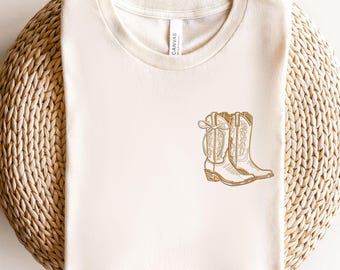 Embroidered Cowboy Boot Shirt, Country Style Shirt, Western Boot Embroidery, Cute Cowgirl Gift, Western Sweatshirt, Coquette Bow Cowboy Boot
