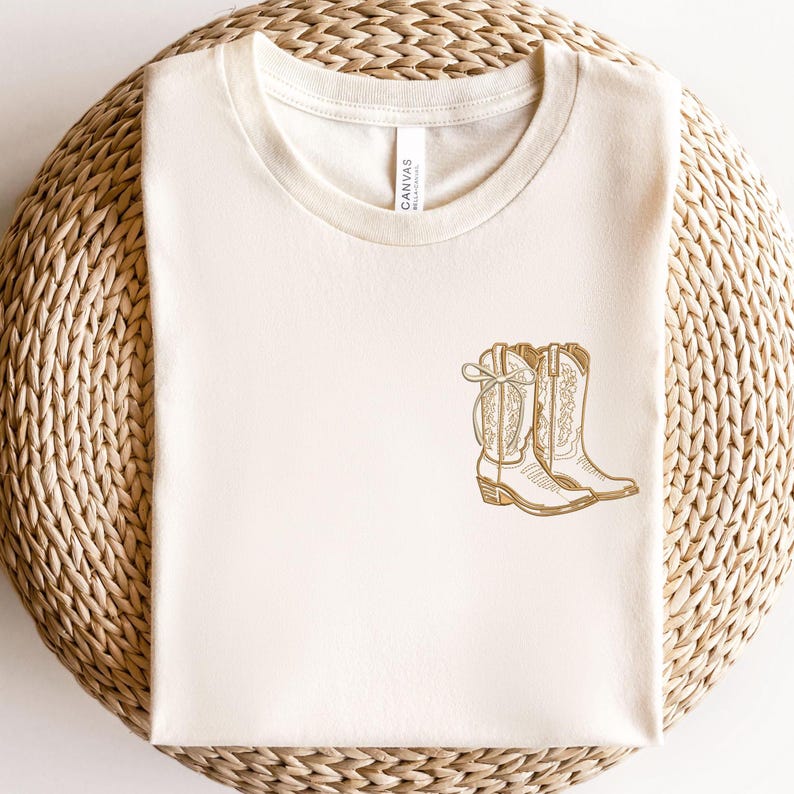 Embroidered Cowboy Boot Shirt, Country Style Shirt, Western Boot Embroidery, Cute Cowgirl Gift, Western Sweatshirt, Coquette Bow Cowboy Boot image 1