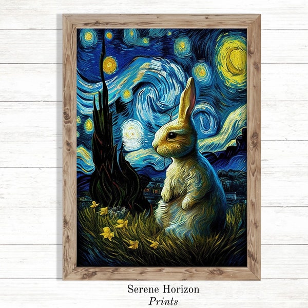 Van Gogh Inspired Bunny Rabbit Portrait | Printable Wall Art | Classic Art | Modern Home Decor