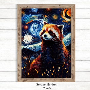 Retrato de panda rojo inspirado en Van Gogh / Arte de pared imprimible / Arte clásico / Decoración moderna del hogar
