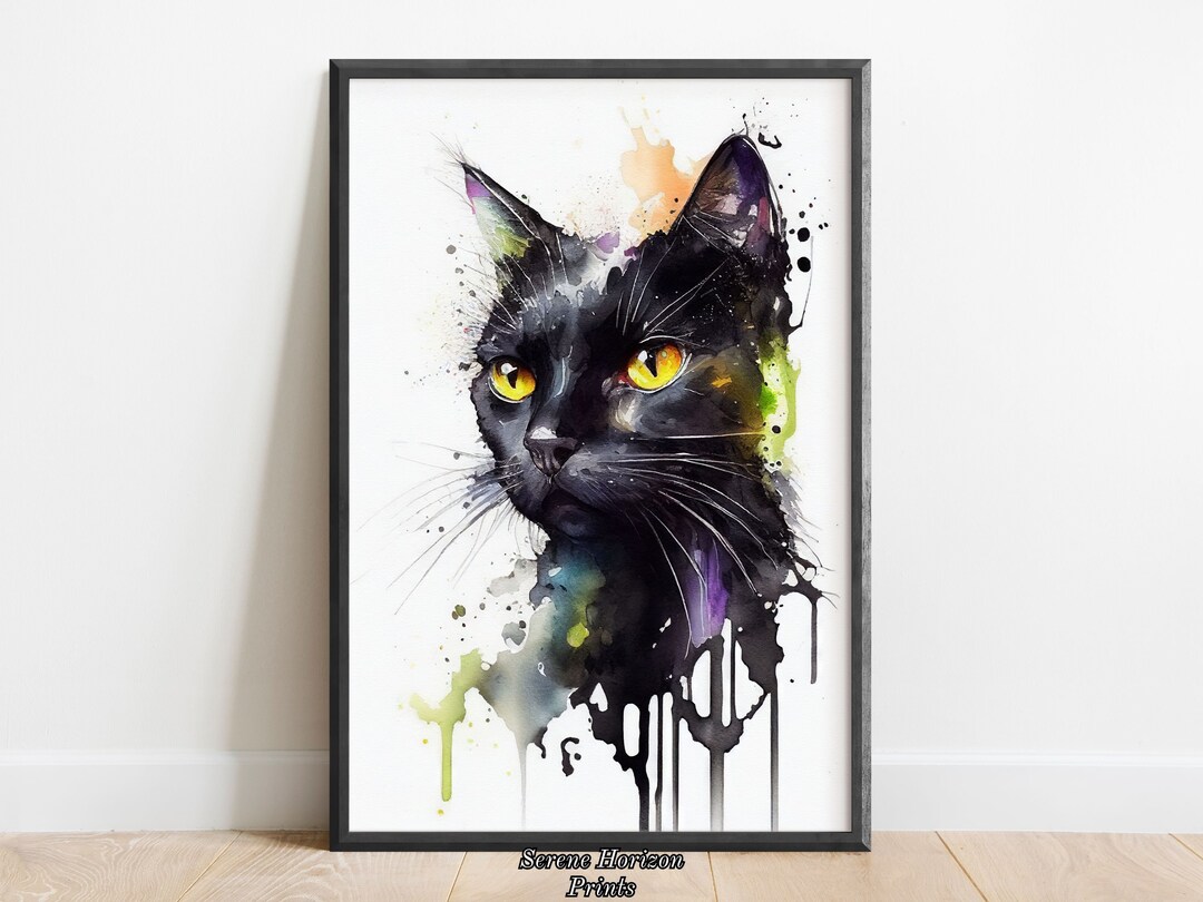 Watercolor Black Cat Portrait | PRINTABLE Wall Art | DIGITAL Art Print ...