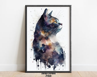 Aquarel kattenportret | AFDRUKBARE muurkunst | DIGITALE kunstprint | Kleurrijk kattenschilderij | Directe download