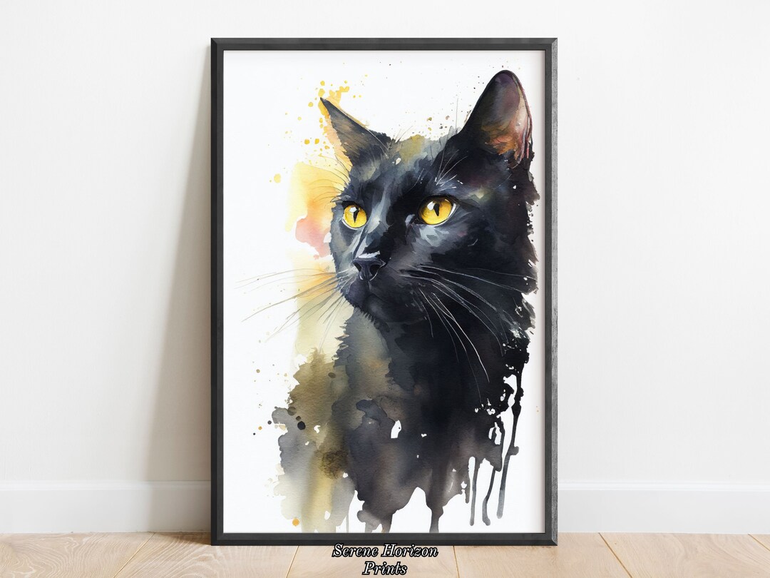 Watercolor Black Cat Portrait | PRINTABLE Wall Art | DIGITAL Art Print ...