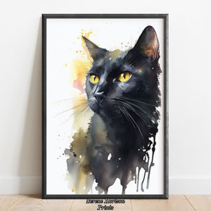 Watercolor Black Cat Portrait | PRINTABLE wall art | DIGITAL art print | Colorful cat painting | Instant download