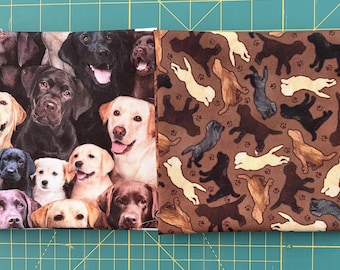 2 fat quarters Labrador dog cotton quilt fabric, QT fabric, Elizabeth’s studio, black lab, yellow lab