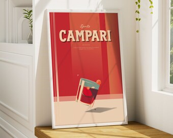 May include: A framed poster with a red and orange background featuring the text "Sprite Campari" and an illustration of a red cocktail in a glass.