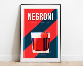 以下が含まれることがあります： 赤と青で描かれたイラストのポスターで、白い文字で「NEGRONI」と書かれています。ポスターには、赤いチェリーが乗ったネグローニのグラスが描かれています。グラスの下には、材料が「VERMOUTH」、「CAMPARI」、「GIN」と記載されています。