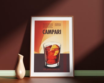 May include: A framed poster with a red and orange background featuring a glass of Campari with an orange slice. The text "Campari" is in white letters and the text "Itali" is in black letters.