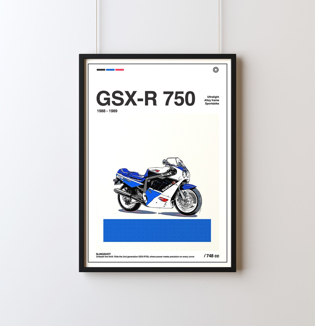 GSX-R 750 1988 1989 Vintage Poster, 2nd Generation, Wall Art for