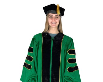 Green Doctoral Gown and Tam Deluxe Graduation Set | Graduate Attire for University Doctorate Students, Professors, and Faculty