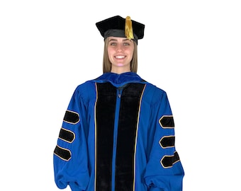 Royal Blue Doctoral Gown and Tam Deluxe Graduation Set | Graduate Attire for University Doctorate Students, Professors, and Faculty