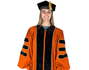 Orange Doctoral Gown and Tam Deluxe Graduation Set | PhD Graduate Attire for University Doctorate Students, Professors, and Faculty