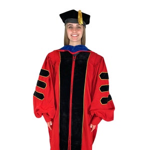 Red Doctoral Gown and Tam Deluxe Graduation Set | Graduate Attire for University Doctorate Students, Professors, and Faculty