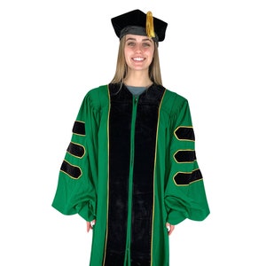 Green Doctoral Gown and Tam Deluxe Graduation Set | Graduate Attire for University Doctorate Students, Professors, and Faculty