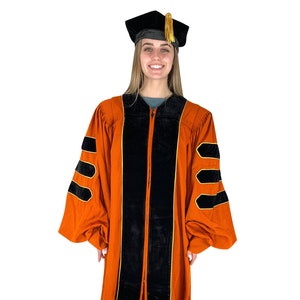 Orange Doctoral Gown and Tam Deluxe Graduation Set | PhD Graduate Attire for University Doctorate Students, Professors, and Faculty