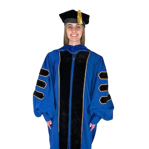Royal Blue Doctoral Gown and Tam Deluxe Graduation Set | Graduate Attire for University Doctorate Students, Professors, and Faculty