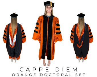 Cappe Diem Doctoral Orange Gown, Hood, & Tam Deluxe Set | Graduation Attire for University Doctorate Students, Professors, and Faculty