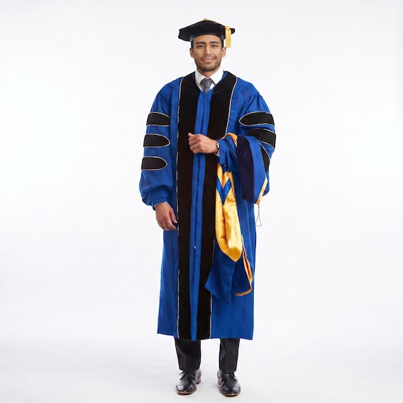 Doctoral Gown and Tam Set, Royal Blue with Black Velvet (Deluxe Graduation Attire)