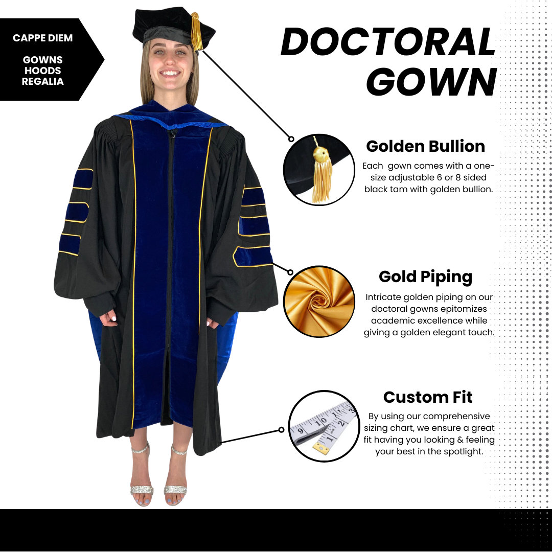 PhD Blue Doctoral Gown and Tam Deluxe Graduation Set | Graduate Attire for University Doctorate Students, Professors, and Faculty