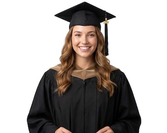 Conjunto de graduación de MBA: birrete, toga, capucha, borla / atuendo de máster, colores de la universidad