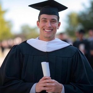 Puede incluir: Una persona con una toga y un birrete de graduación negros, sonriendo y sosteniendo un diploma blanco. La persona está de pie al aire libre frente a un fondo borroso de árboles y otras personas.