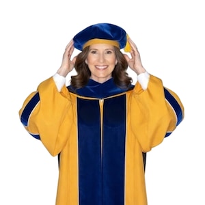 Georgia Doctoral Regalia Set | Gold Shell Gown w/Navy Velvet & Hood
