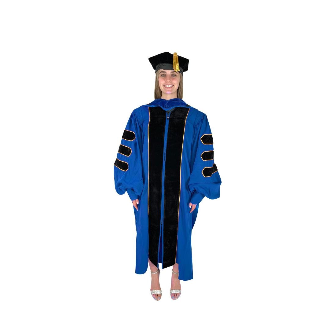Royal Blue Velvet Doctoral Graduation Gown With Gold Piping - View #6