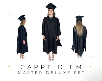 Cappe Diem Masters Graduation Deluxe Black Cap and Gown 2024 Tassel Package