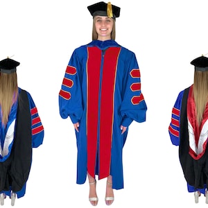 Blue & Red Doctoral Gown, Hood, and Tam Deluxe Set | Academic Attire for University Doctorate Students, Professors, and Faculty